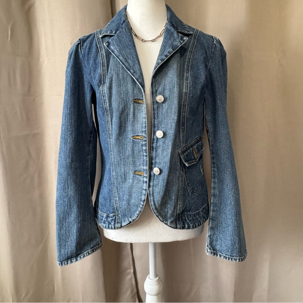 Denim Blue Jean Jacket Flare Sleeves Pleated Shoulders Size 10